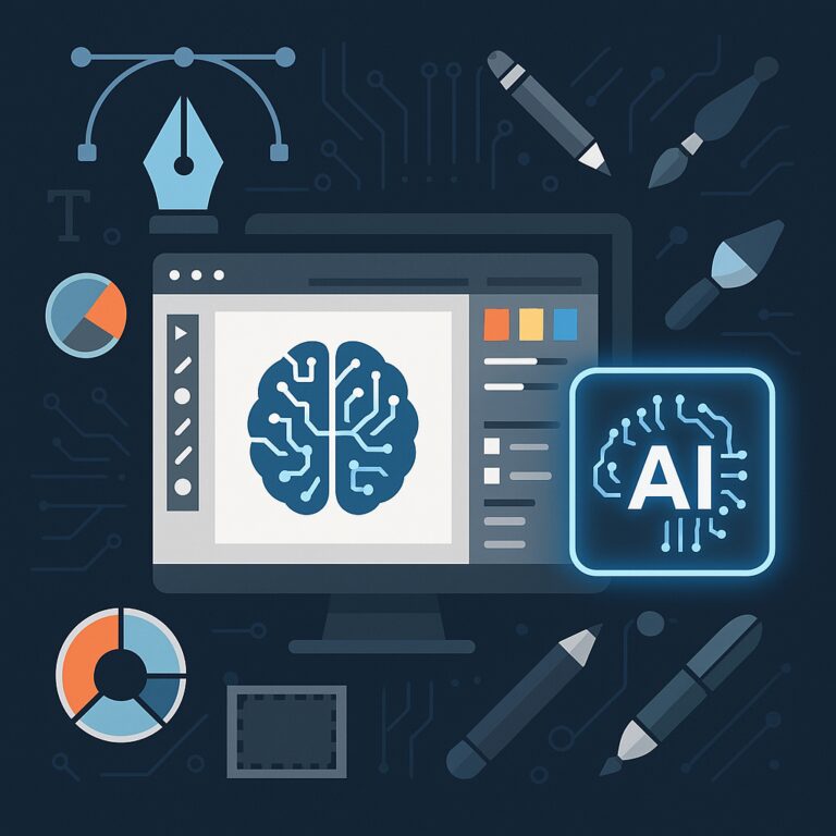 Ilustración digital de herramientas de diseño gráfico potenciadas por IA, con una interfaz en pantalla y un símbolo de inteligencia artificial