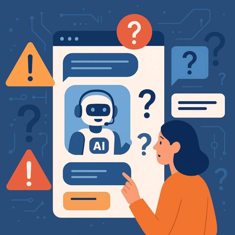 Ilustración de una mujer interactuando con un chatbot de IA rodeado de signos de pregunta y advertencia