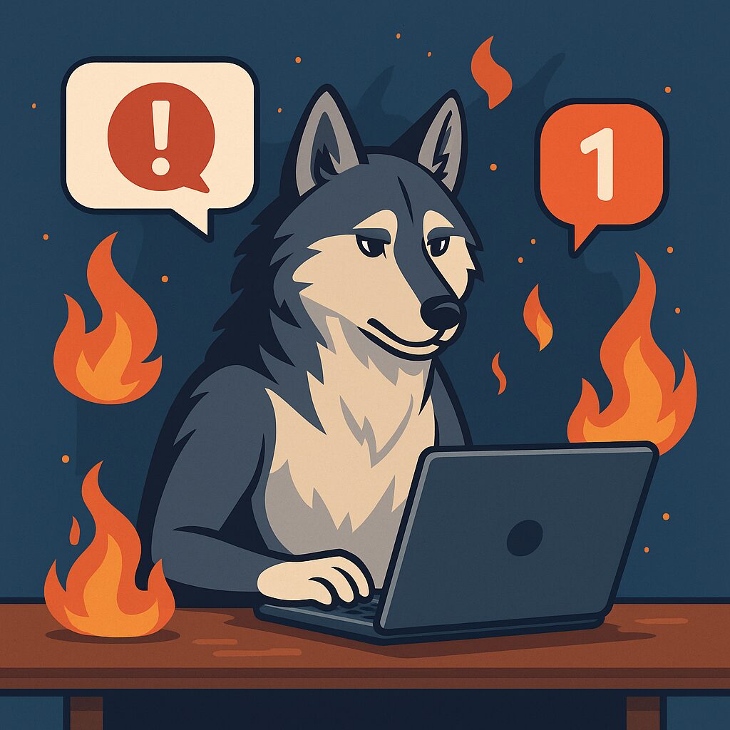 El lobo simboliza control, liderazgo y presencia fuerte. En esta escena, representa a una marca que mantiene la calma mientras todo arde alrededor. Perfecto para transmitir una actitud estratégica frente a la crisis.