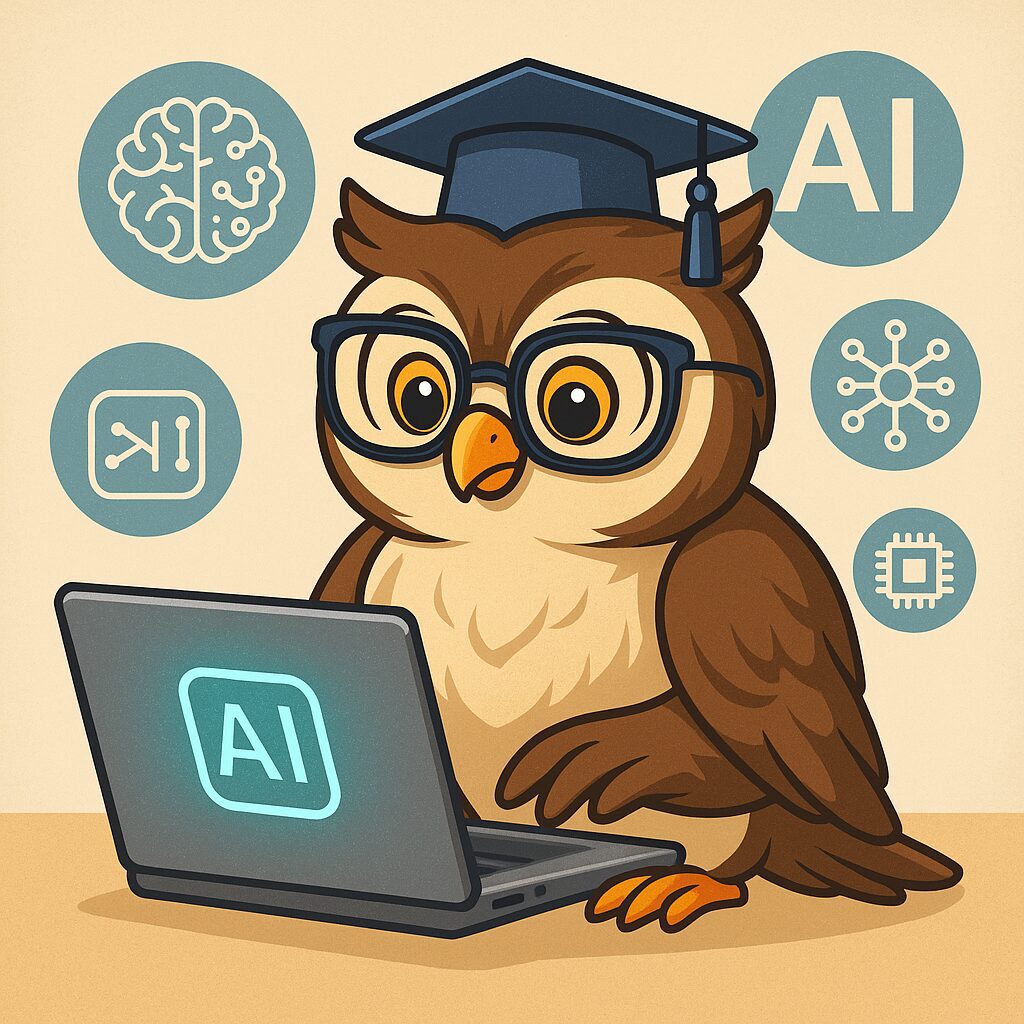 El búho representa sabiduría, estudio y análisis. Perfecto para un contenido educativo sobre inteligencia artificial.