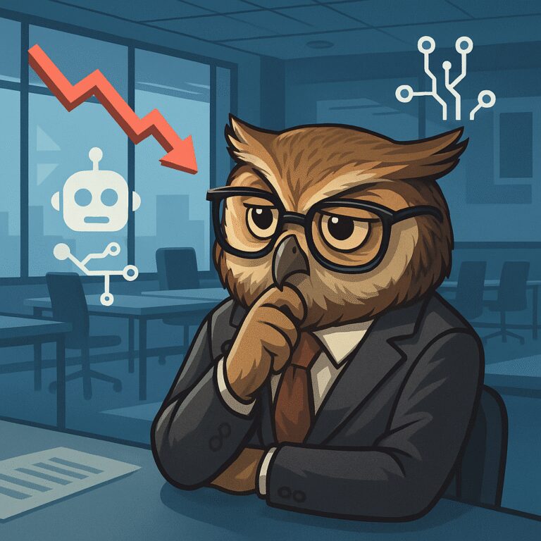 Ilustración de un búho vestido con traje en una oficina vacía, observando gráficos en baja y símbolos de inteligencia artificial flotando