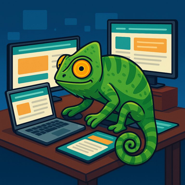 Ilustración de un camaleón colorido sobre un escritorio digital con múltiples pantallas que se ajustan a su entorno, simbolizando el diseño centrado en el usuario.
