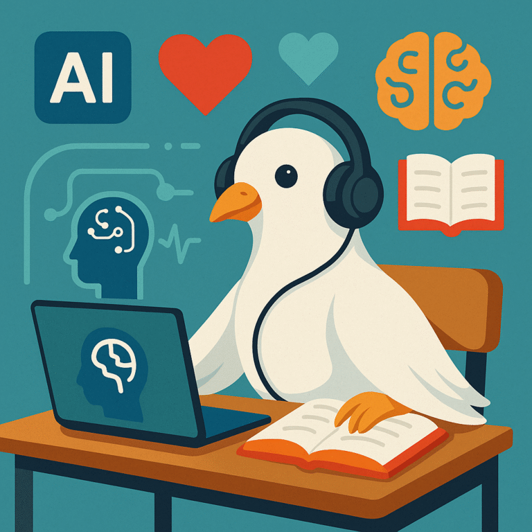 Paloma blanca con auriculares en una clase digital, rodeada de íconos de IA y símbolos de empatía (corazón, cerebro, libro)