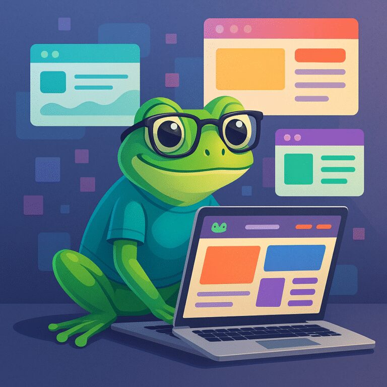 La rana representa agilidad, frescura y adaptabilidad. Combinada con elementos de diseño, simboliza cómo la web debe ser rápida, liviana y visualmente atractiva.