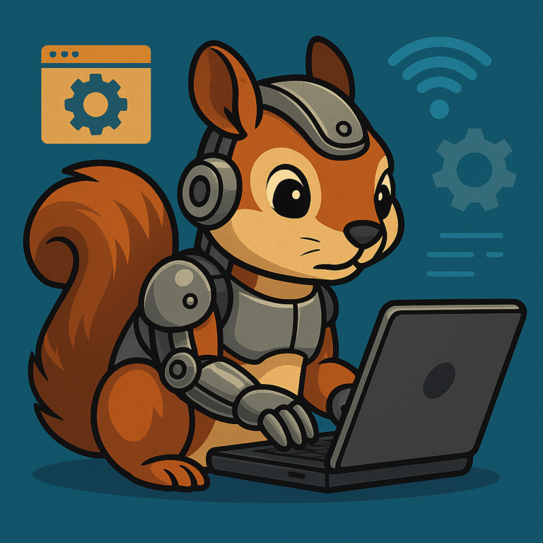 Ilustración de una ardilla con armadura robótica trabajando en una laptop, simbolizando automatización y eficiencia en negocios digitales.
