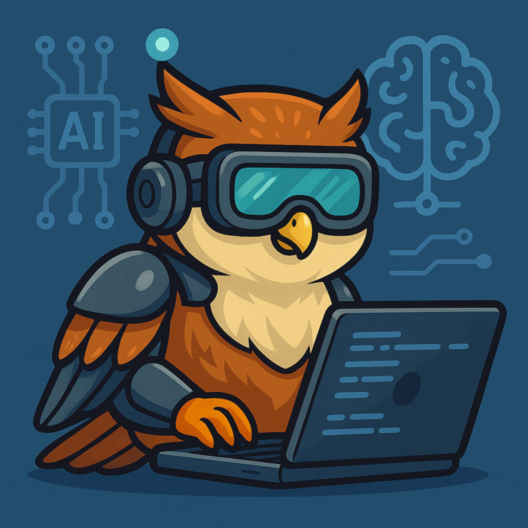 Ilustración de un búho con visor digital y armadura tecnológica usando una laptop, simbolizando planificación y uso de inteligencia artificial en negocios.