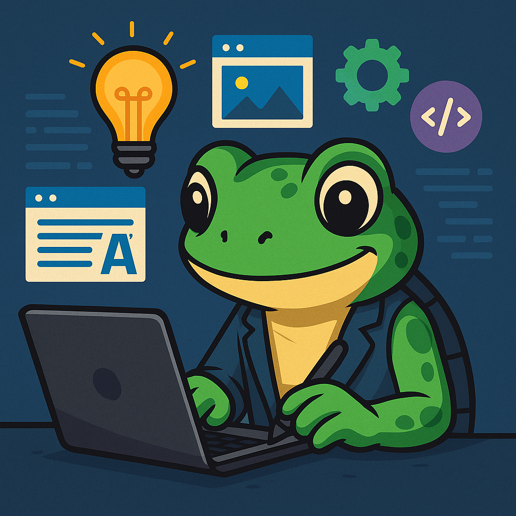 Ilustración de una rana verde diseñando un sitio web con laptop, rodeada de íconos de interfaz, código, engranajes y una bombilla encendida.