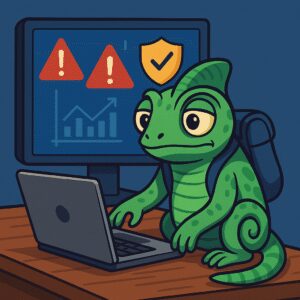 Ilustración de un camaleón apoyado frente a una laptop con íconos de alerta y estrategia, simbolizando adaptación y manejo de crisis de reputación online.