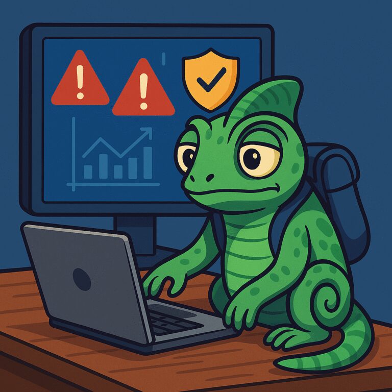 Ilustración de un camaleón apoyado frente a una laptop con íconos de alerta y estrategia, simbolizando adaptación y manejo de crisis de reputación online.