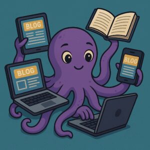 Pulpo lector de blogs, representa multitarea, conocimiento, aprendizaje constante y manejo de múltiples fuentes al mismo tiempo. Ideal para representar a un lector de blogs bien informado.