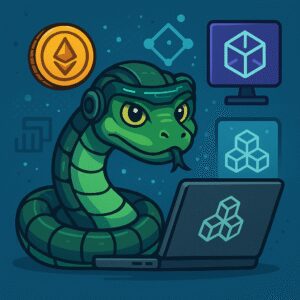 Serpiente cibernética, representa transformación, evolución, tecnología y descentralización. Ideal para reflejar el concepto futurista y disruptivo de Web3.