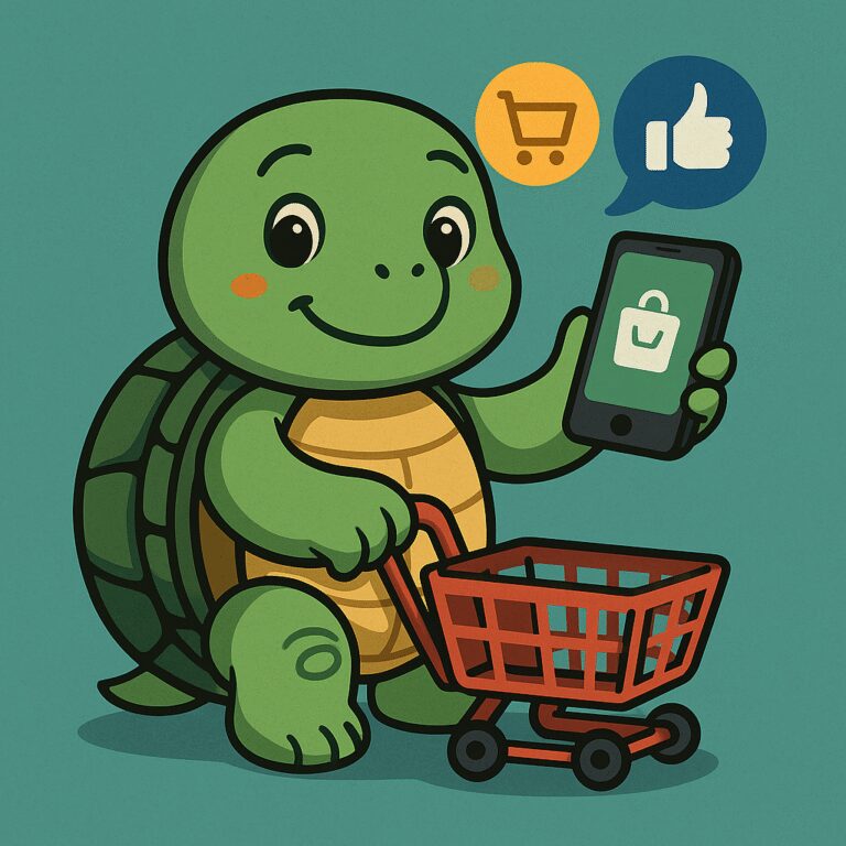 Tortuga con celular y carrito de compras, representa constancia, trabajo local, presencia digital simple pero efectiva. Ideal para pequeños comercios que avanzan paso a paso.