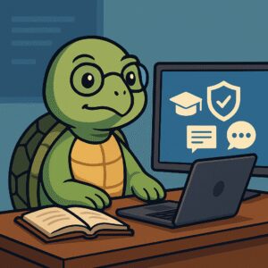 Ilustración de una tortuga reflexiva junto a una pantalla con íconos de educación y escudo, simbolizando solidez y reputación digital educativa.