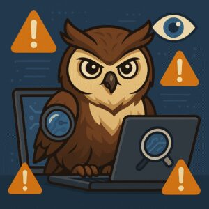 Ilustración de un búho vigilante observando una pantalla con íconos de alerta y lupa, simbolizando detección de IA y protección de reputación digital.
