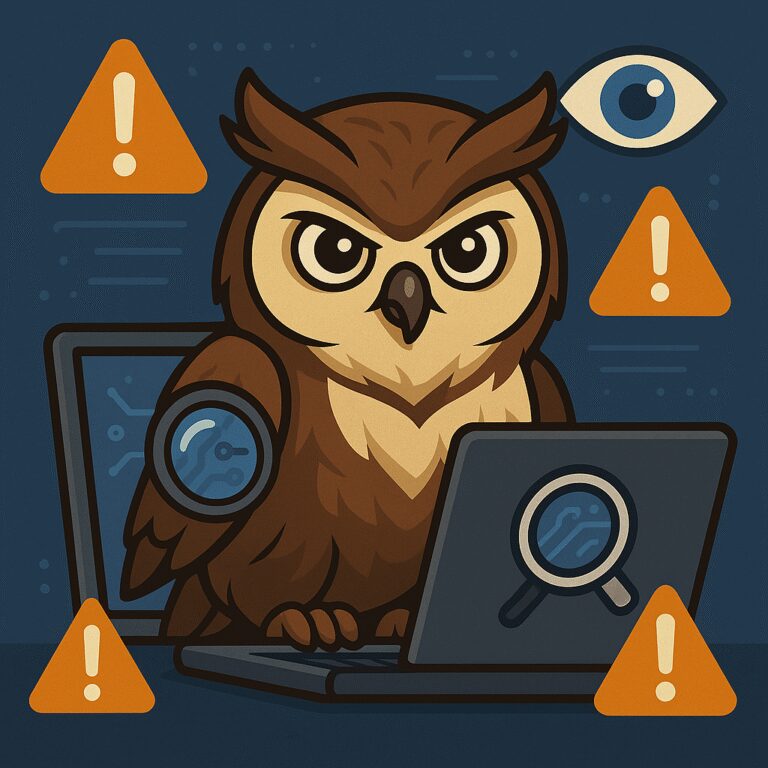 Ilustración de un búho vigilante observando una pantalla con íconos de alerta y lupa, simbolizando detección de IA y protección de reputación digital.