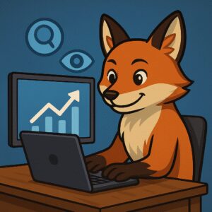 Ilustración de un zorro analítico frente a una pantalla con íconos de visibilidad y reputación digital, simbolizando estrategia y presencia online para PYMES.