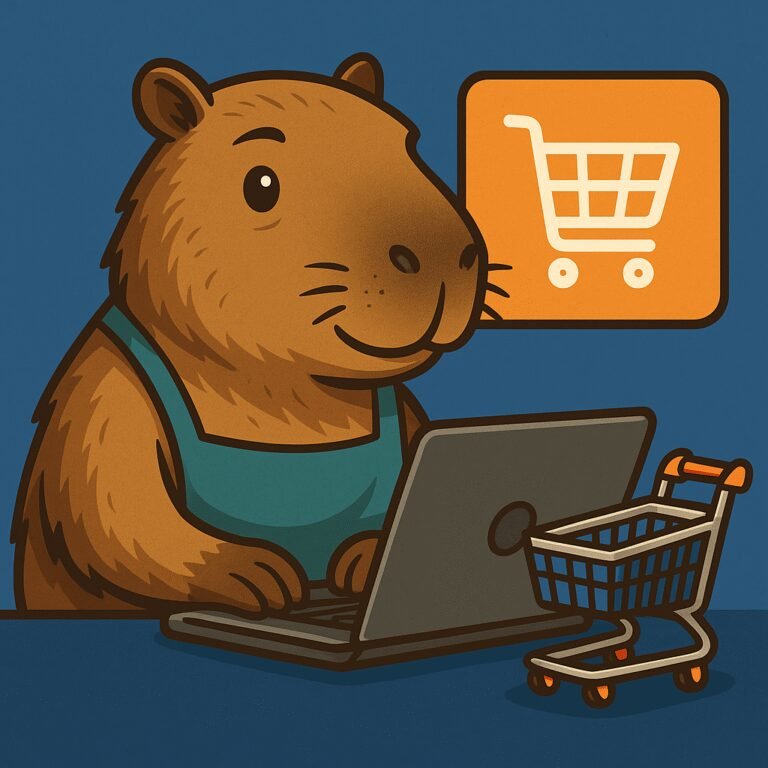 Ilustración cuadrada de un carpincho comerciante con laptop y carrito de compras, simbolizando presencia online para pymes argentinas.
