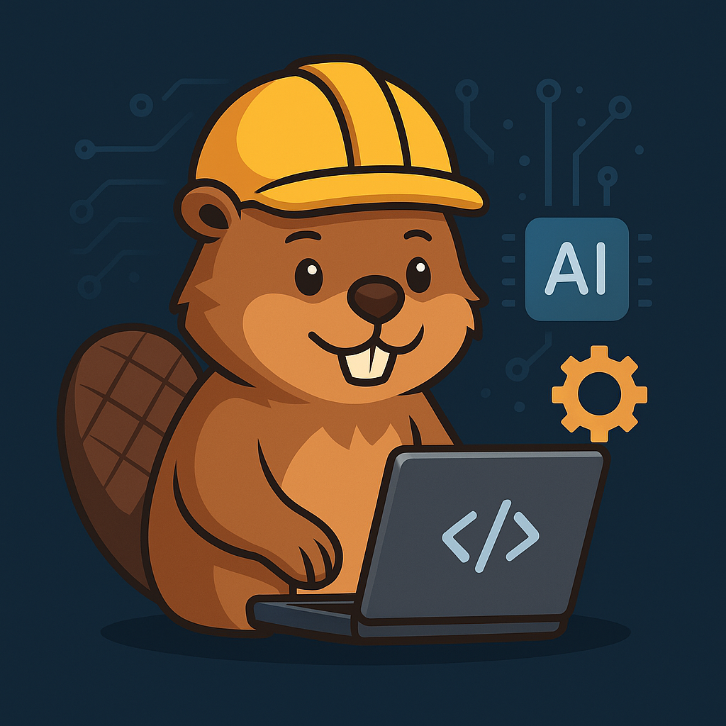 Ilustración cuadrada de un castor constructor con casco, laptop y chip de IA.