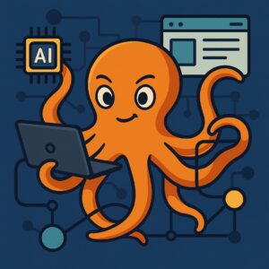 Ilustración de un pulpo estratega controlando nodos de red y un chip de IA.