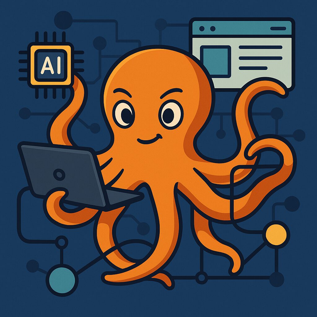 Ilustración de un pulpo estratega controlando nodos de red y un chip de IA.