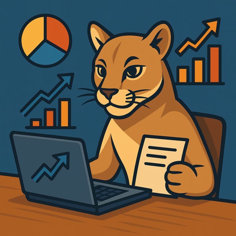 Ilustración cuadrada de un puma estratega analizando métricas de marketing en una laptop, con ícono de gráfico ascendente.