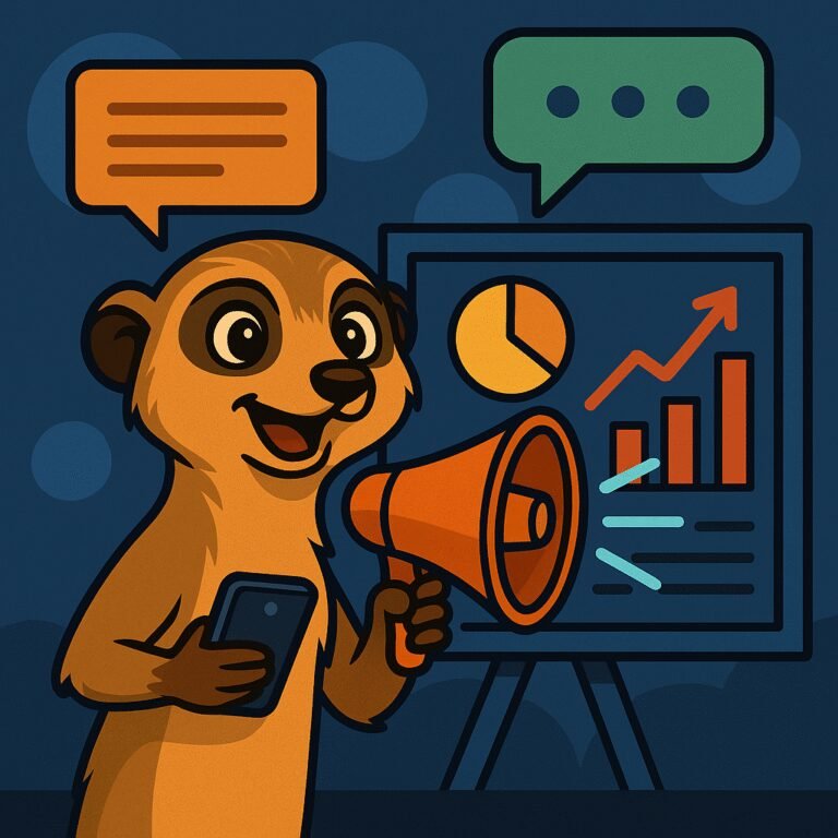 Ilustración cuadrada de una suricata “vigía” con megáfono y smartphone frente a un panel de gráficos, simbolizando alcance multicanal con poca atención disponible.