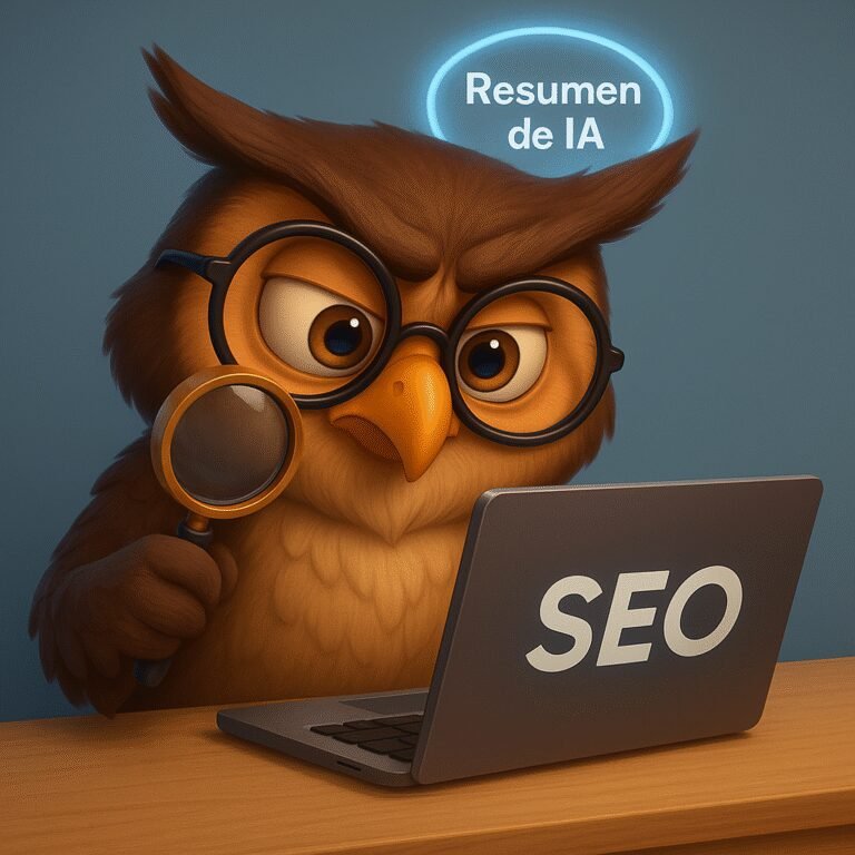 Búho estratega estilo Pixar con lupa, laptop y halo de “resumen de IA” — optimización SEO para el modo de IA de Google.