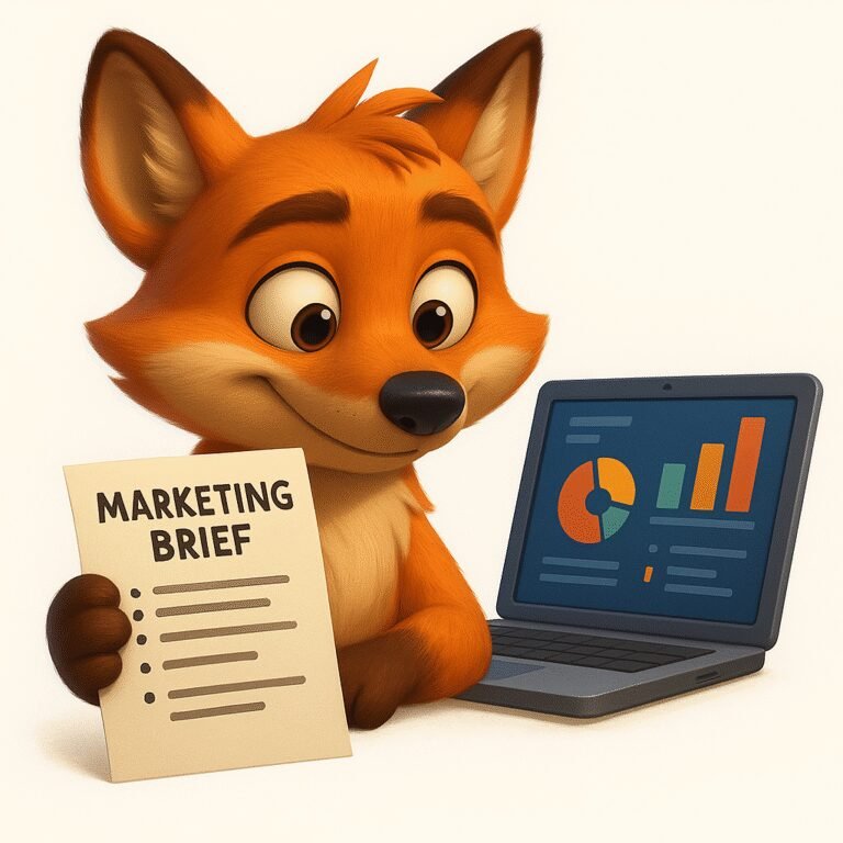 Zorro creativo estilo Pixar sosteniendo un brief y mirando un dashboard — cómo crear una campaña de marketing en 2025.