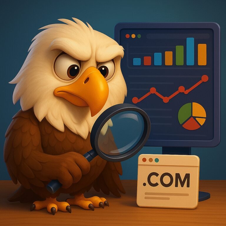 Águila analista estilo Pixar con lupa sobre un dominio y panel de métricas.