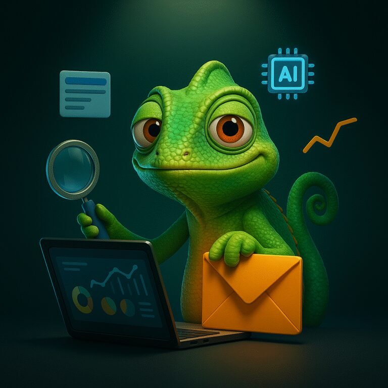 Camaleón estilo Pixar con spotlight, laptop y chip de IA — redefinir visibilidad digital con inteligencia artificial
