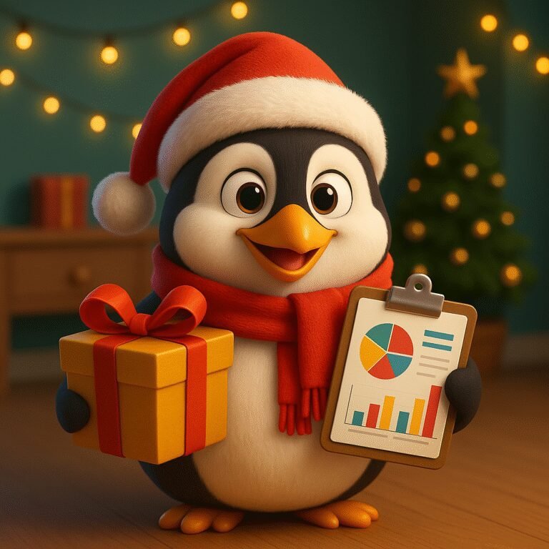 Pingüino estilo Pixar con gorro navideño, regalo y dashboard — campaña de marketing navideña 2025 para pymes en Argentina