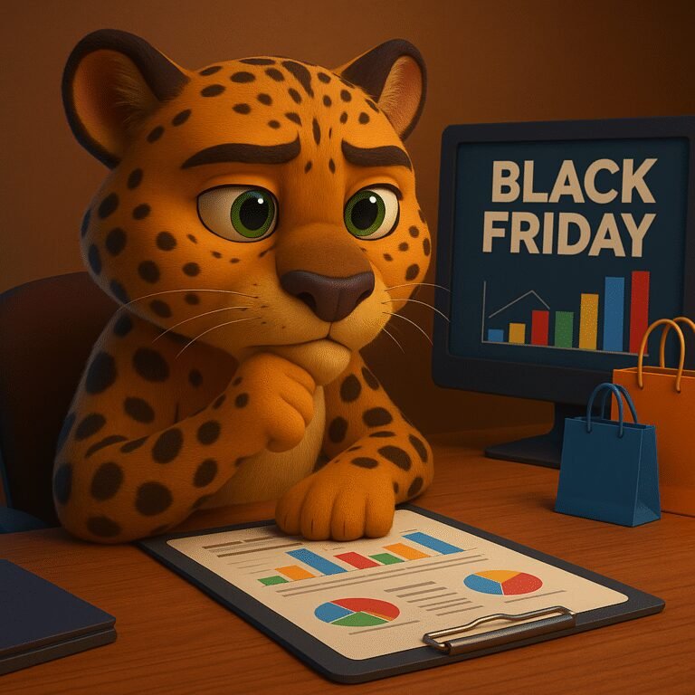 Jaguar estilo Pixar analizando gráficos y bolsas de compra — estrategias de marketing para Black Friday 2025 en Argentina.