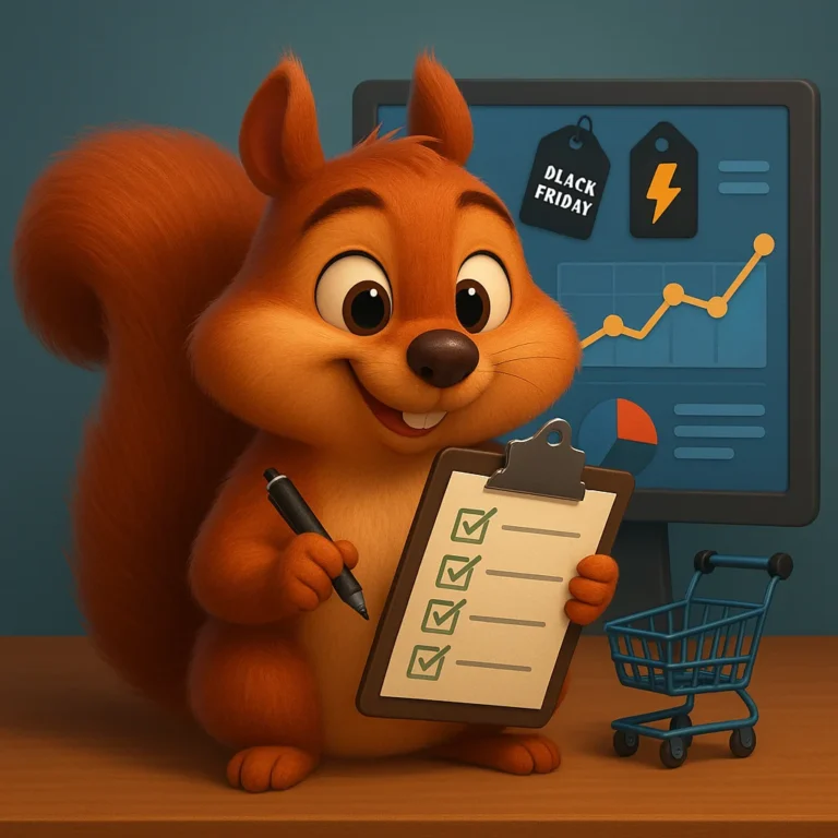 Ardilla estilo Pixar con clipboard y dashboard — 7 tips para vender más en Black Friday y Cyber Monday.
