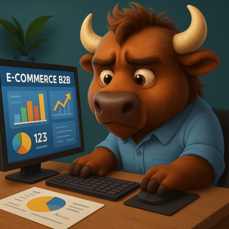 Bisonte estilo Pixar analizando un panel de ecommerce B2B con gráficos de margen y pedidos — optimización rentable de ecommerce B2B.