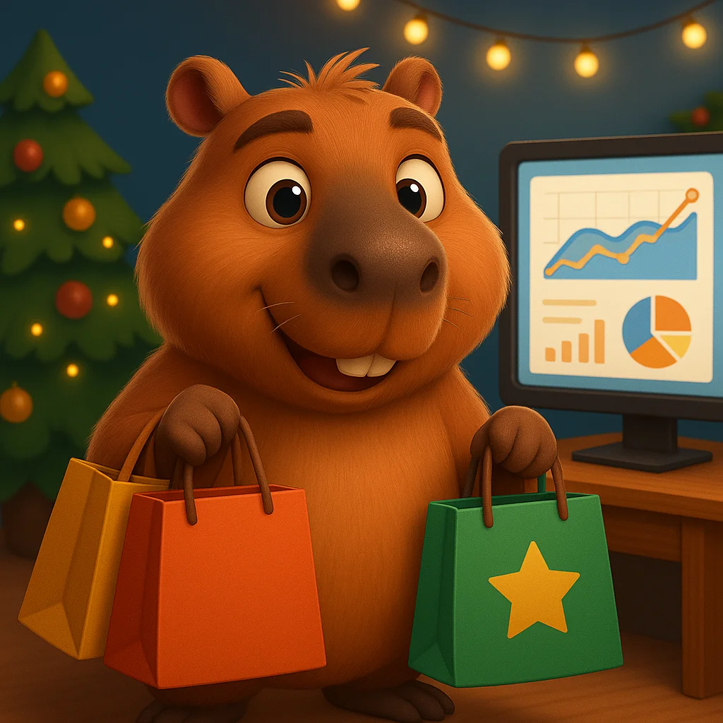 Carpincho estilo Pixar con bolsas de compra y dashboard — marketing para aprovechar el boom de consumo de fin de año