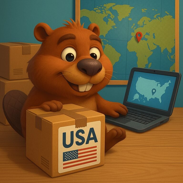 Castor estilo Pixar con cajas y etiqueta “USA”, laptop y mapa — guía para exportar a EE.UU. desde Argentina.