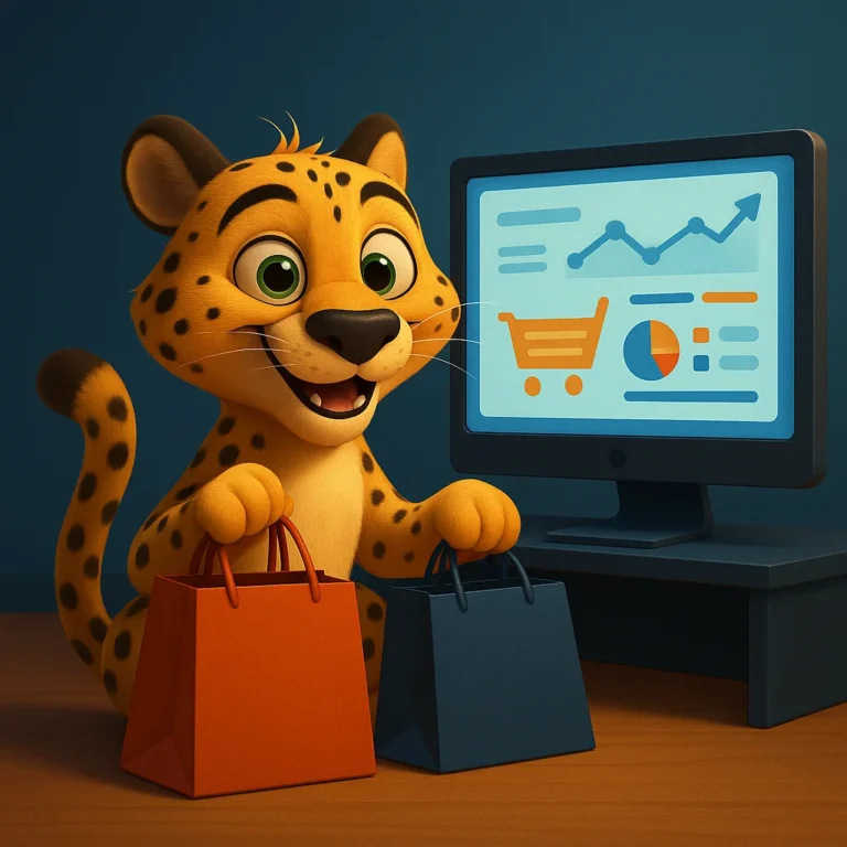 Guepardo estilo Pixar con bolsas de compra y dashboard — récord de e-commerce en Cyber Monday y acciones clave.