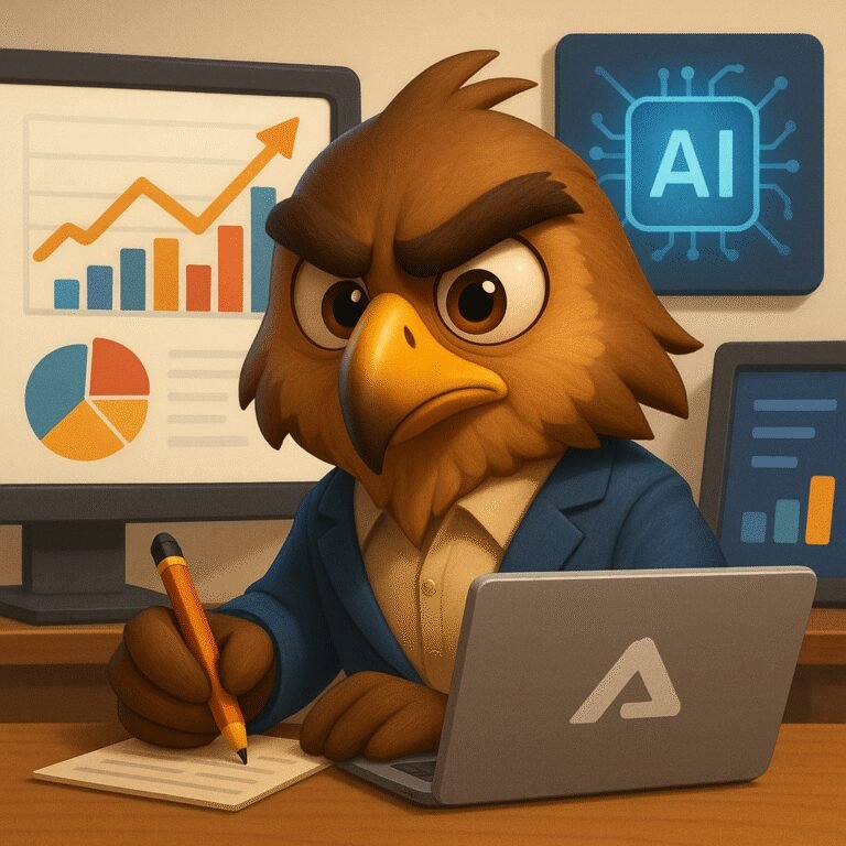 Halcón estilo Pixar como media buyer, frente a dashboards y logo de IA abstracto — campañas de Google impulsadas por inteligencia artificial.