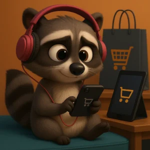 Mapache estilo Pixar con smartphone, auriculares y carrito — hábitos de compra de la Gen Z y cómo vender en 2025.