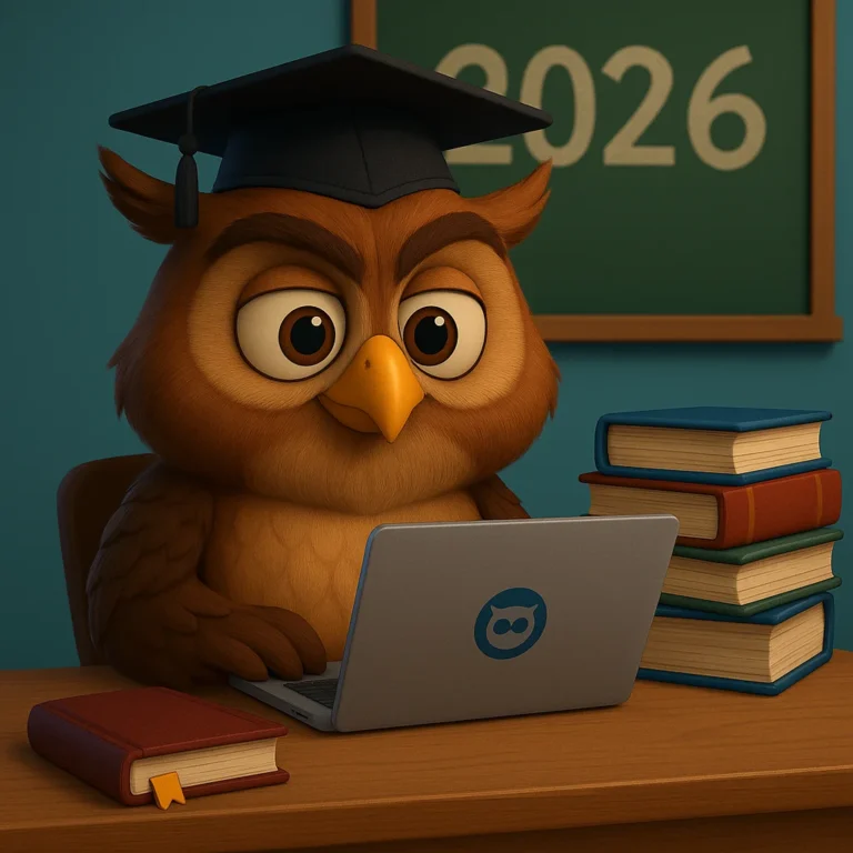 Búho estilo Pixar con birrete, laptop y libros — carreras con salida laboral y tendencias 2026 en Argentina.