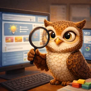 Búho estilo Pixar analizando módulos de respuesta y dashboard — cómo cambian el SEO y el contenido en 2026.