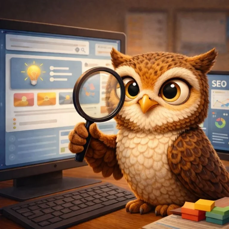 Búho estilo Pixar analizando módulos de respuesta y dashboard — cómo cambian el SEO y el contenido en 2026.