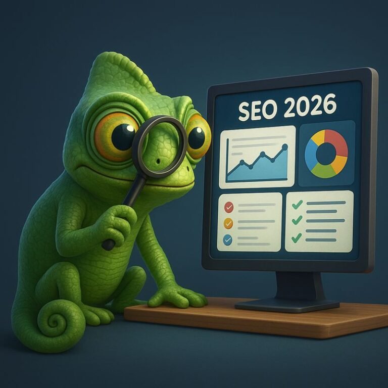 Camaleón estilo Pixar analizando un dashboard SEO — adaptación a tendencias 2026 (SGE, autoridad temática, Vitals).