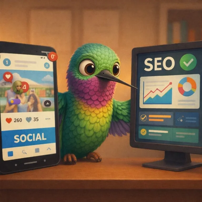 Colibrí estilo Pixar comparando un feed social y un dashboard SEO — equilibrio entre tráfico de redes y SEO para ventas.