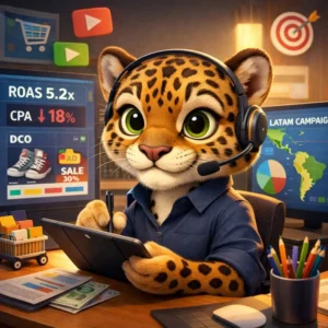 Jaguar estilo Pixar como planner de medios con dashboards — IA y publicidad digital 2026 en Latinoamérica.