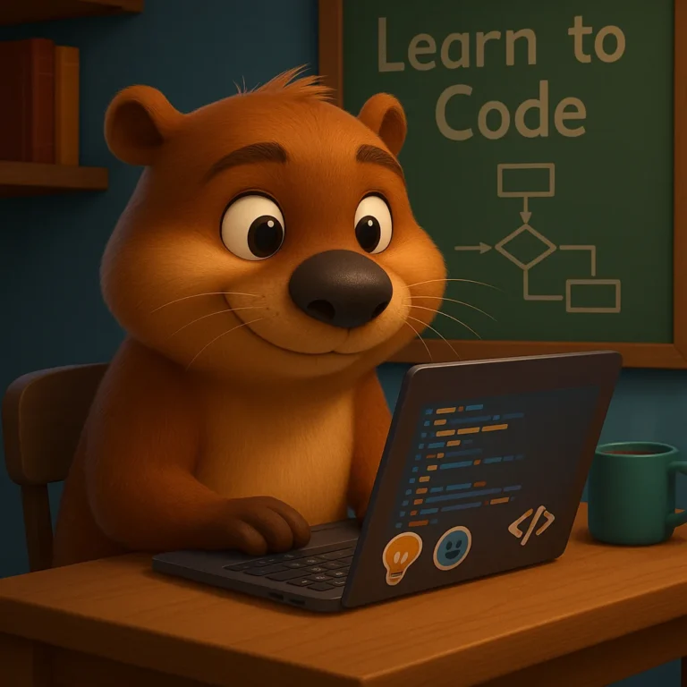 Nutria estilo Pixar programando en laptop con stickers — guía para aprender programación desde cero y rutas rápidas 2025.