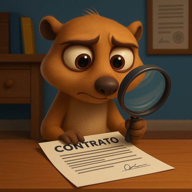 Suricata estilo Pixar con lupa y contrato — la letra pequeña en diseño web y marketing digital.