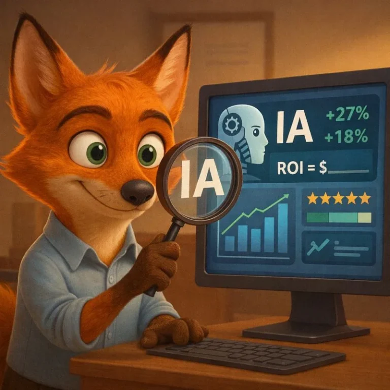 Zorro estilo Pixar con lupa y tablero de métricas — “la IA no está muerta”, mitos y ROI práctico para 2026.