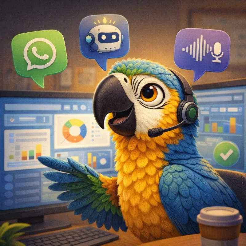 Guacamayo estilo Pixar conversando con burbujas y dashboard — marketing conversacional 2026 con IA y datos propios.