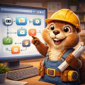 Castor estilo Pixar con casco y cinta métrica frente a un panel de flujos — automatización 2026 para PyMEs argentinas.